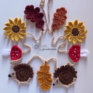 Guirnalda de ganchillo hecha a mano / Bosque / Erizo / Girasol / Seta / Hojas de roble / Otoño / Decoración / Regalo