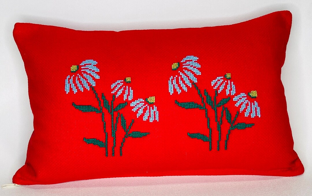 Floral Decorative Pillow 12x20 Lumbar Pillow Red Minimalist Home Décor Antique Throw Pillow