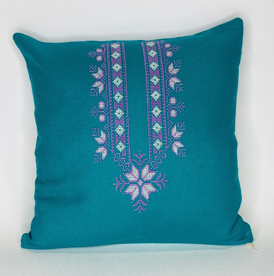 Handmade Pillow Cover 16x16 Throw Pillow Turquoise Minimalist Geometric Pillow Embroidered Cross