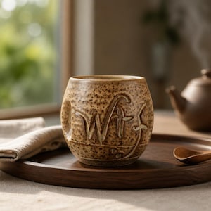 May include: A speckled brown ceramic cup with the letters "WFS" carved into the side. The cup is sitting on a wooden tray with a wooden spoon and a teapot in the background. The cup has a rustic, handmade appearance.