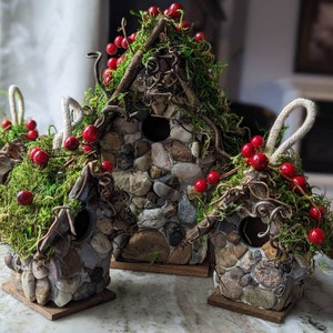 Charming Small Stone Cottage Birdhouse with berries image 8