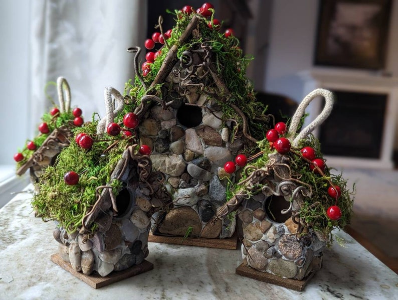 Charming Small Stone Cottage Birdhouse with berries image 8