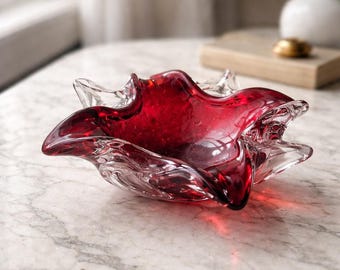 Vintage Cranberry Art Glass Bowl, Murano Style Controlled Bubble Glass, Mid Century Modern Red Clear Ashtray, Sculptural Catchall Dish