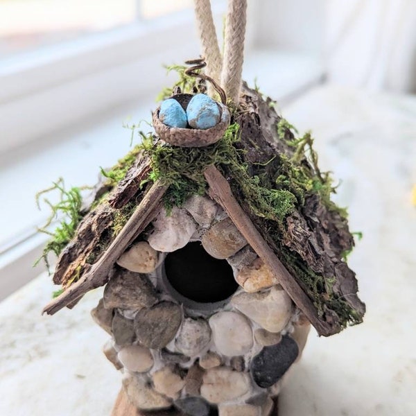 Storybook Mini Birdhouse with all materials from nature, stone cottage mini birdhouse, hummingbird sized birdhouse, small stone birdhouse
