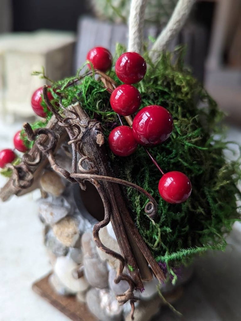 Charming Small Stone Cottage Birdhouse with berries image 9