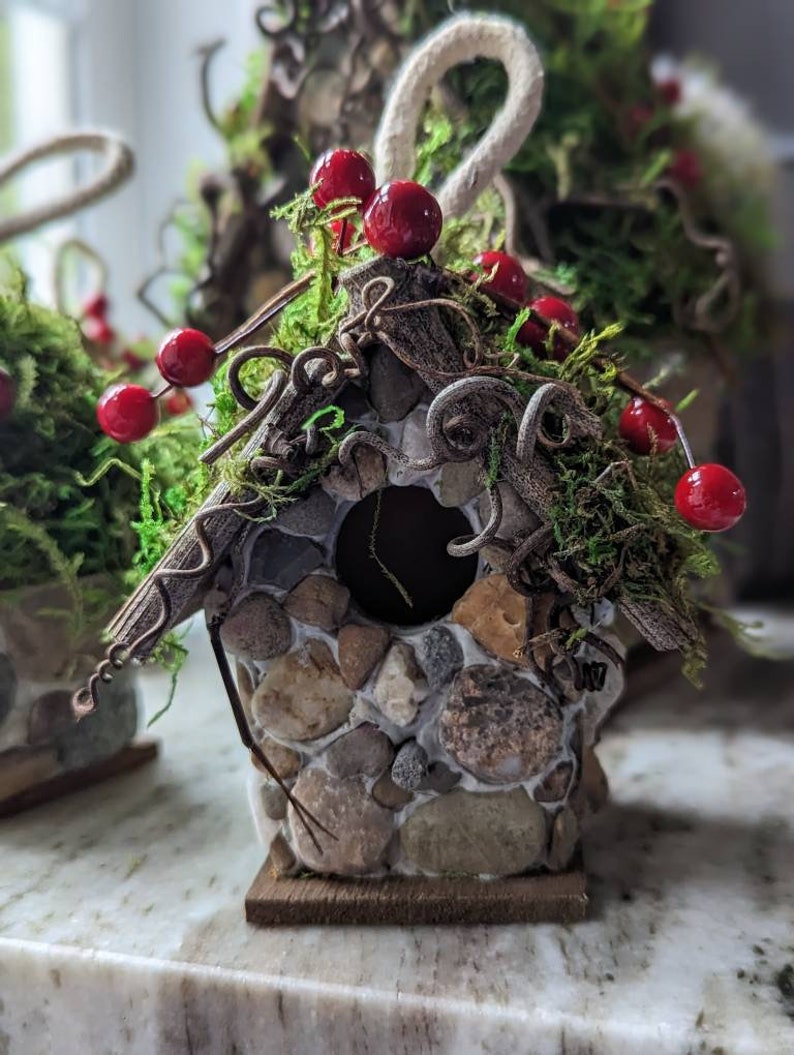 Charming Small Stone Cottage Birdhouse with berries image 5