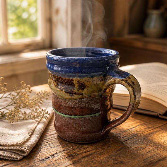 Signed, hand-thrown studio pottery mug with genuine earth-tone character — the 'signed' detail signals a real maker with an artistic identity behind every cup.