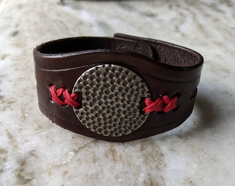 Leather Cuff Bracelet with medal medallion and hand painted flowers