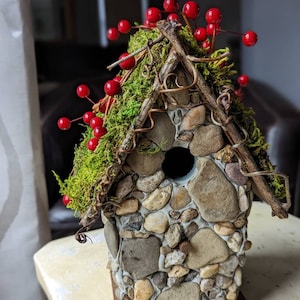 The Berry Cottage-Stone Cabin Birdhouse, Rustic stone birdhouse, Stone cottage birdhouse, Storybook Stone Birdhouse