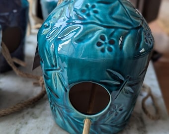 Handcrafted Glazed Ceramic Birdhouse, Floral Design with Hanging Rope