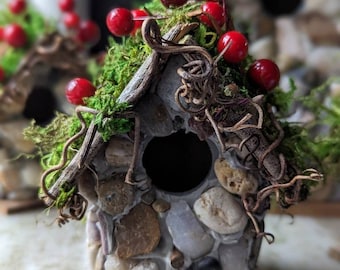 Charming Small Stone Cottage Birdhouse with berries