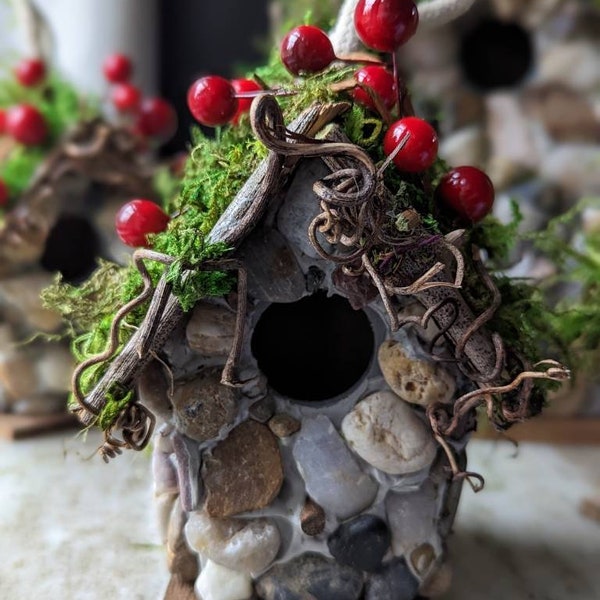 Charming Small Stone Cottage Birdhouse with berries