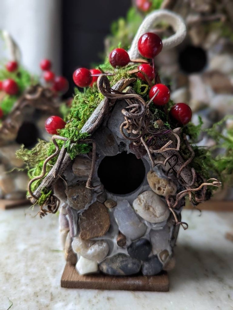 Charming Small Stone Cottage Birdhouse with berries image 1