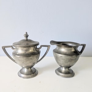 Vintage Pewter Creamer and Sugar Bowl Set – Monogrammed “S” – Antique Kitchen Decor