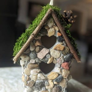 The Love Cottage Birdhouse Cottage with double  heart hole entry, Rustic stone birdhouse, Outdoor garden  birdhouse, Storybook Birdhouse