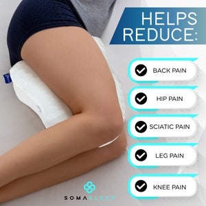 May include: A white knee pillow with a person using it to sleep on their side. The pillow is designed to help reduce back pain, hip pain, sciatic pain, leg pain, and knee pain. The text "HELPS REDUCE:" is displayed above a list of checkmarks with the following text: "BACK PAIN", "HIP PAIN", "SCIATIC PAIN", "LEG PAIN", "KNEE PAIN". The text "SOMA SLEEP" is displayed at the bottom of the image.
