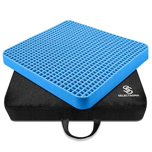 May include: A blue gel seat cushion with a grid pattern sits atop a black cushion with a handle. The cushion has the brand name "SELECTSOMA" printed in white. The blue cushion is designed for comfort and support.