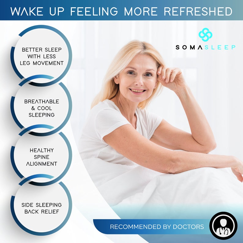 May include: A woman sitting on a bed, smiling and looking at the camera. The image has text that reads "WAKE UP FEELING MORE REFRESHED" and "SOMASLEEP". There are four circles with text describing the benefits of the product. The text in the circles reads "BETTER SLEEP WITH LESS LEG MOVEMENT", "BREATHABLE & COOL SLEEPING", "HEALTHY SPINE ALIGNMENT", and "SIDE SLEEPING BACK RELIEF". The image also has text that reads "RECOMMENDED BY DOCTORS".