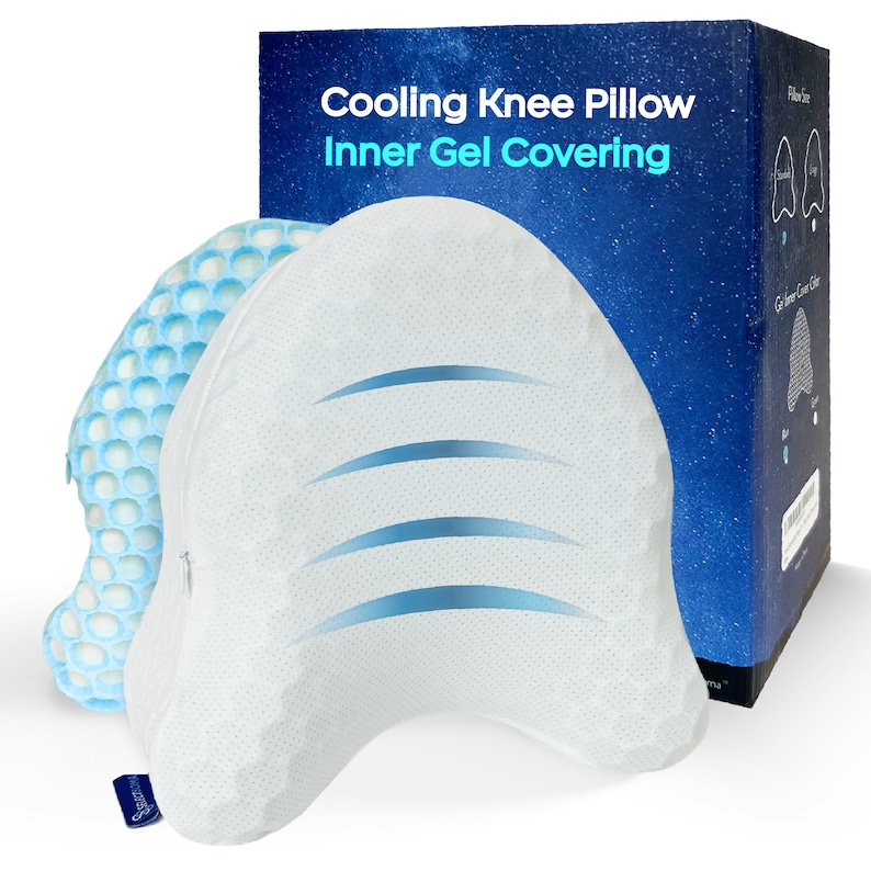 May include: A white knee pillow with a blue gel inner cover. The pillow is shaped like a crescent moon and has a zipper on the side. The packaging shows the text "Cooling Knee Pillow Inner Gel Covering".