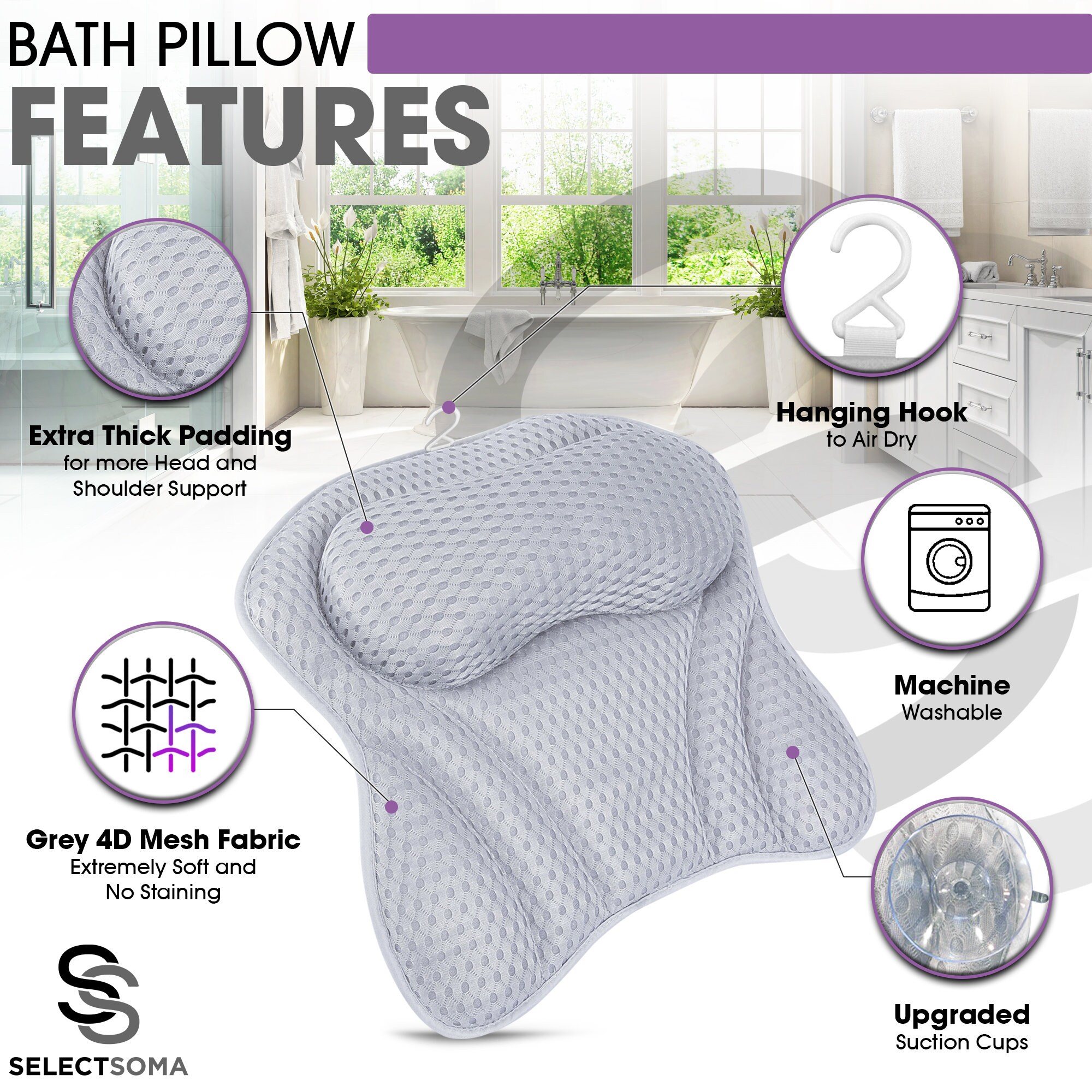 Selectsoma Luxury Grey Bath Pillow for Bathtub With Puff Bath Pillow ...