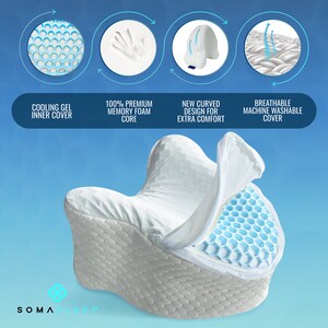 May include: A white and blue curved pillow with a cooling gel inner cover, a 100% premium memory foam core, and a breathable machine washable cover. The pillow is designed for extra comfort. The text "SOMA SLEEP" is visible at the bottom of the image.
