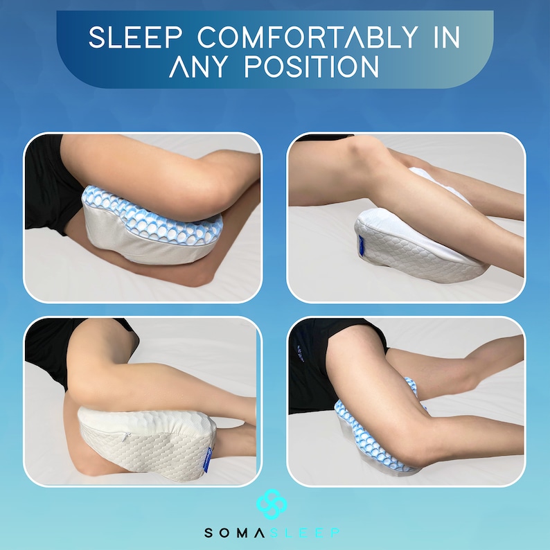 May include: A white and blue knee pillow with a textured surface. The pillow is shown in four different positions, demonstrating how it can be used to support the legs while sleeping.