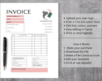May include: A digital invoice template on an 8.5in x 11in US Letter size document featuring a black and pink bird logo, a black ballpoint pen, and text fields for invoice number, date, bill to, description, quantity, unit cost, and total amount.