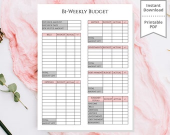 May include: A white printable bi-weekly budget planner sheet with black text and pink headers. The document features sections for paycheck details, bills, savings, investments, debt payments, expenses, and a summary table for total income and remaining funds.