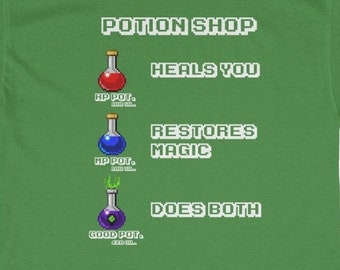 Potion Shop Camicia, Videogioco, Gamer, Geek Shirt, Divertente, Scherzo, Gioco, Vita, Nerd, Erba, Stoner, 420