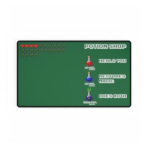May include: A green pixelated screen with the text "POTION SHOP" at the top. There are three pixelated potion bottles with text below each one: "HEALS YOU", "RESTORES MAGIC", and "DOES BOTH". There are also red and green hearts at the top of the screen.