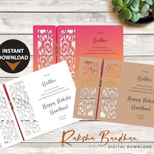 Puede incluir: Una descarga digital imprimible para una tarjeta de Raksha Bandhan. La tarjeta presenta un diseño decorativo con un patrón de corte y una cuerda roja y blanca. El texto en la tarjeta dice: "Querido hermano, en este día especial, aquí están mis más sinceros deseos para tu felicidad, prosperidad y éxito! ¡Feliz Raksha Bandhan! Con amor de [Nombre]"