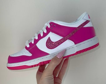 Size 7.5W (6Y) Dunk Low pink sneakers with crystals, Barbie style sneakers with crystal swooshes