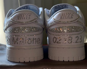 Wmns Dunk low white with Swarovski crystals with date and name. Bridal sneakers. wedding shoes