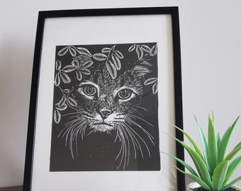 Cat Print original LinoCut art print Picture home decor wall art gift