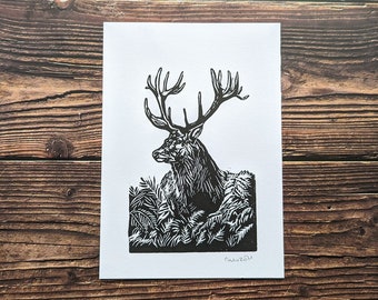 Hirsch Druck original Linolschnitt Kunst Bild Wohnkultur Wandkunst
