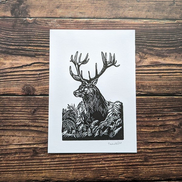 Stag Print original linocut art picture home decor wall art