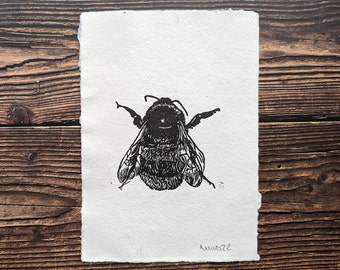 Handprinted Bumble bee insect LinoCut Print picture home decor wall art