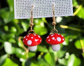 Quirky Mushroom Drop Earrings, Toadstool Earrings, Red Mushrooms