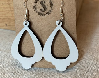 White and silver wood laser cut drop earrings