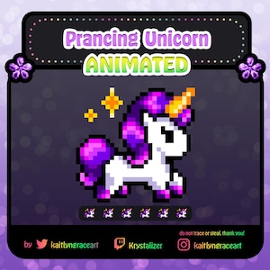 May include: Animated pixel art of a prancing purple and white unicorn with a gold horn. The unicorn is surrounded by sparkling stars. The text "Prancing Unicorn ANIMATED" is at the top of the image. The text "by kaitlynraceart Krystalizer kaitlynraceart" is at the bottom of the image. The text "do not trace or steal, thank you!" is in the middle of the image.