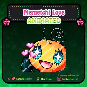 May include: Animated digital illustration of a yellow cartoon character with blue eyes and pink hearts. The character is smiling and has a pink flower on its head. The text "Memetchi Love ANIMATED" is above the character. The text "by kaitlyngraceart Krystalizer kaitlyngraceart" is below the character.