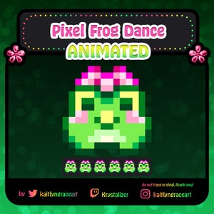 May include: Animated pixel art of a green frog wearing a pink flower crown. The frog is dancing and has a happy expression. The text "Pixel Frog Dance ANIMATED" is at the top of the image. The text "by kaitlynraceart Krystalizer kaitlynraceart" is at the bottom of the image.