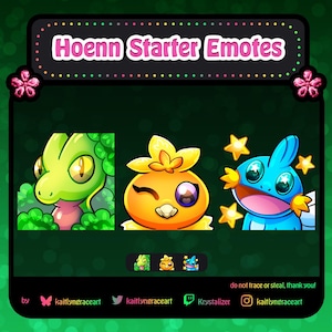 Pode incluir: Três emoticons animados com os Pokémon iniciais de Hoenn: Treecko, Torchic e Mudkip. Os emoticons estão em um esquema de cores verde, laranja e azul, respectivamente. O texto "Hoenn Starter Emotes" está na parte superior da imagem.