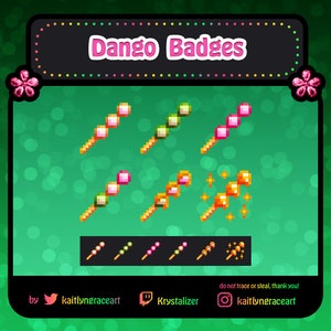 May include: A set of nine digital badges featuring dango, a Japanese sweet treat, on sticks. The dango are in various colors, including pink, green, and orange. The badges are designed in a pixelated style.