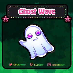 Può includere: Illustrazione digitale di un simpatico fantasma con occhi viola e un'espressione sorridente. Il fantasma è bianco con un contorno viola chiaro. Il testo "Ghost Wave" è visualizzato sopra il fantasma.