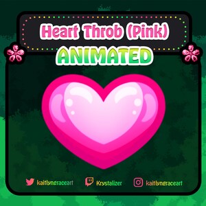 Op de afbeelding: Geanimeerd hartvormig pictogram met een roze en witte gradiënt. De tekst "Heart Throb (Pink) ANIMATED" wordt boven het hart weergegeven. Social media-pictogrammen voor Twitter, Twitch en Instagram worden onder het hart weergegeven.
