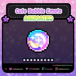May include: Animated pixel art emote of a pastel blue, pink, and yellow bubble with a white crescent moon and a white plus sign inside. The text "Cute Bubble Emote ANIMATED" is at the top of the image. The text "by kaitlyngraceart" is at the bottom of the image.