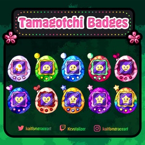 Op de afbeelding: Negen kleurrijke Tamagotchi-achtige digitale huisdierbadges met verschillende ontwerpen, waaronder een ei, een smiley, een hart en een ster. De badges zijn gerangschikt in een raster op een witte achtergrond met de tekst "Tamagotchi Badges" bovenaan.