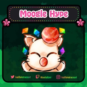 May include: A cartoon Moogle, a white furry creature with pink ears and a red nose, is smiling with its eyes closed. The Moogle is wearing a red and orange ball on its head and is surrounded by colorful gems and confetti. The text "Moogle Hype" is written in pink letters on a black background.