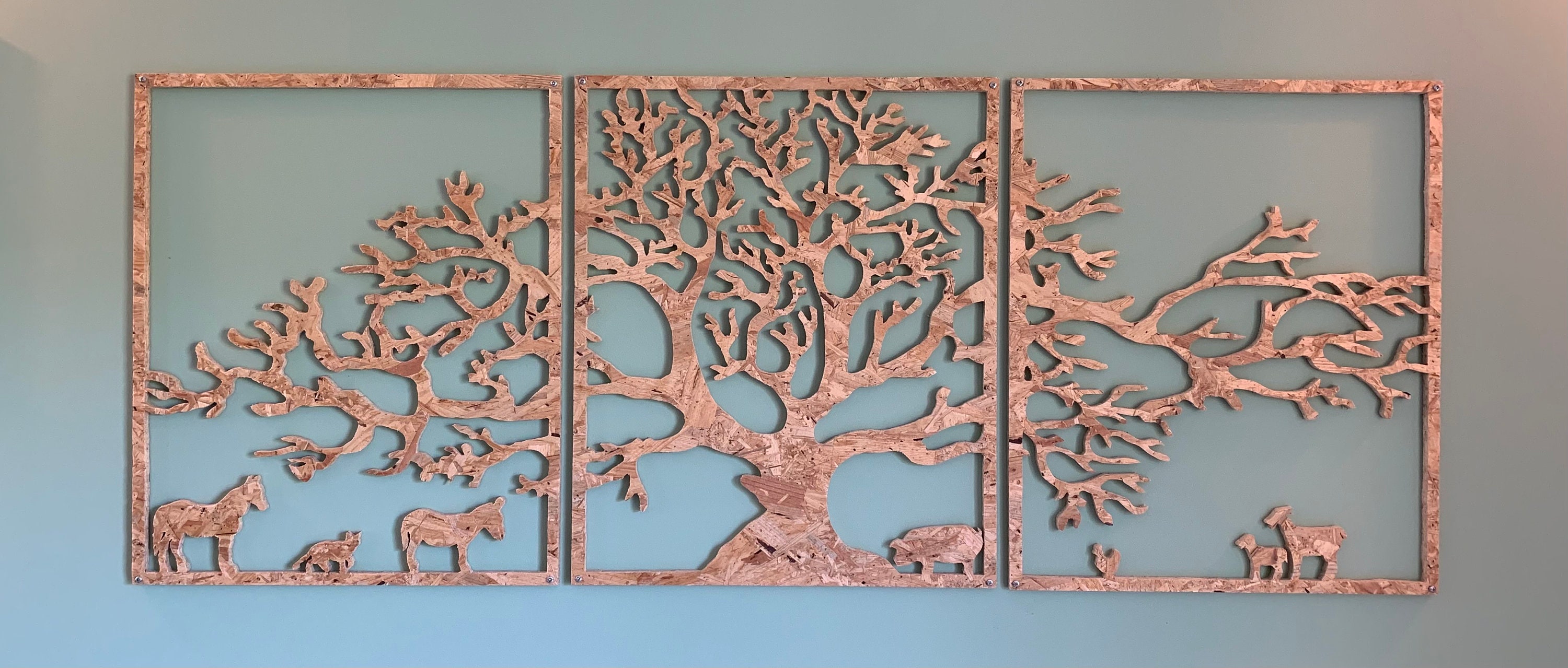 Tableau en Bois - Triptyque 3 Panneaux Arbre et Animaux